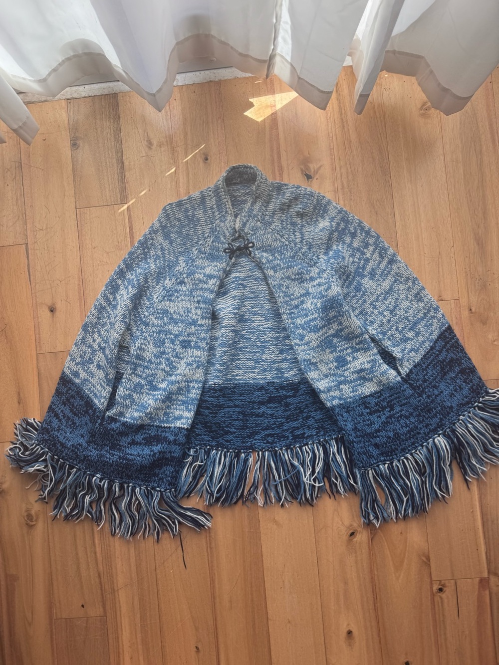 Blue Gradient Fringe Knit Women's Sweater poncho, free size handmade
